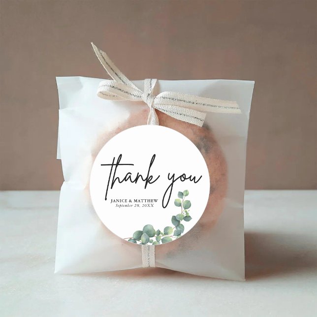Rustic Botanical Eucalyptus Greenery Wedding Classic Round Sticker (Rustic eucalyptus greenery round sticker adds fresh natural charm to wedding details.)