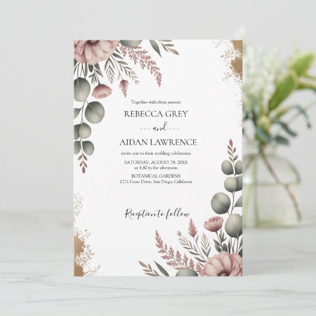Rustic Botanical Eucalyptus Greenery Wedding  Invitation (Standing Front)