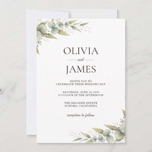 Rustic Botanical Eucalyptus Greenery Wedding Invitation (Front)