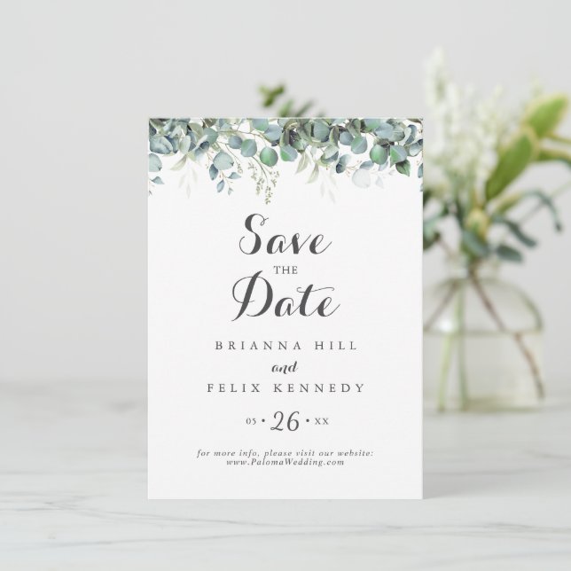Rustic Botanical Eucalyptus Greenery Wedding Save The Date (Standing Front)