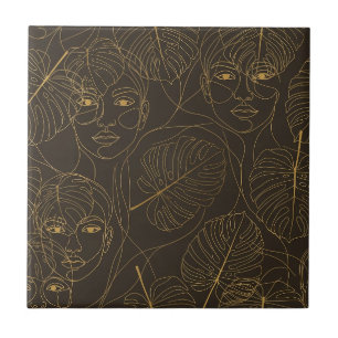 Rustic Botanical Face Line Pattern (1) Ceramic Tile