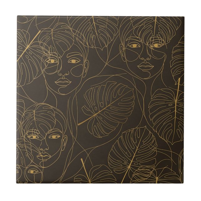 Rustic Botanical Face Line Pattern (1) Ceramic Tile (Front)