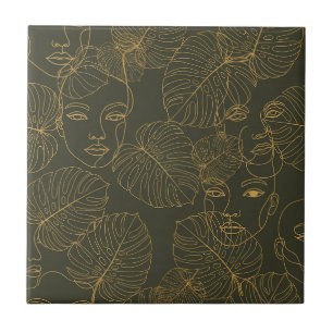 Rustic Botanical Face Line Pattern (3) Ceramic Tile