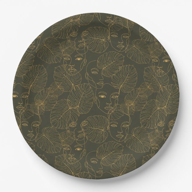 Rustic Botanical Face Line Pattern (3) Paper Plate (Front)