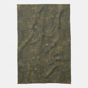Rustic Botanical Face Line Pattern (3) Tea Towel
