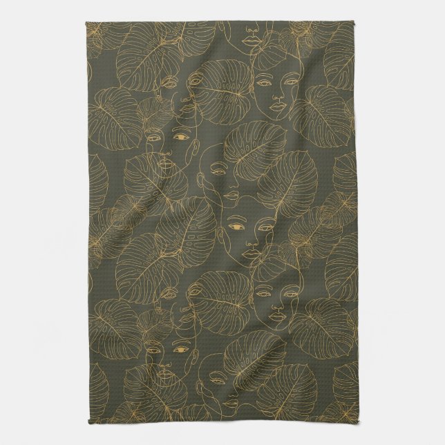 Rustic Botanical Face Line Pattern (3) Tea Towel (Vertical)