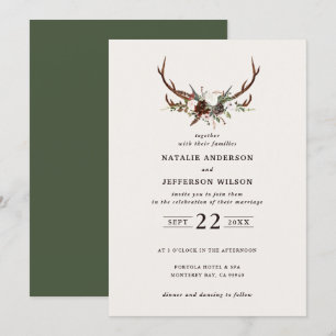 Rustic botanical, floral and stag green wedding save the date