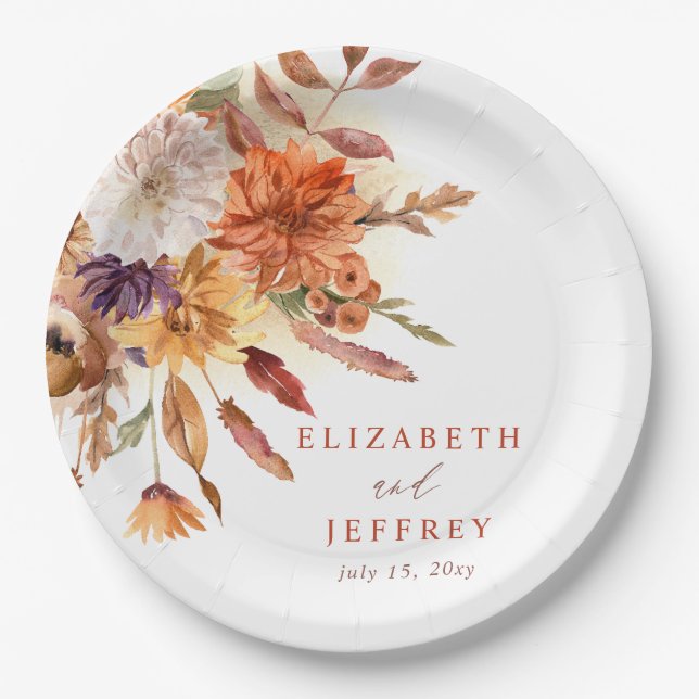 Rustic Botanical Floral Terracotta Fall Wedding Paper Plate (Front)