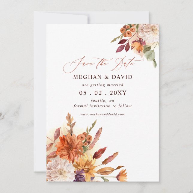 Rustic Botanical Floral Terracotta Fall Wedding Save The Date (Front)