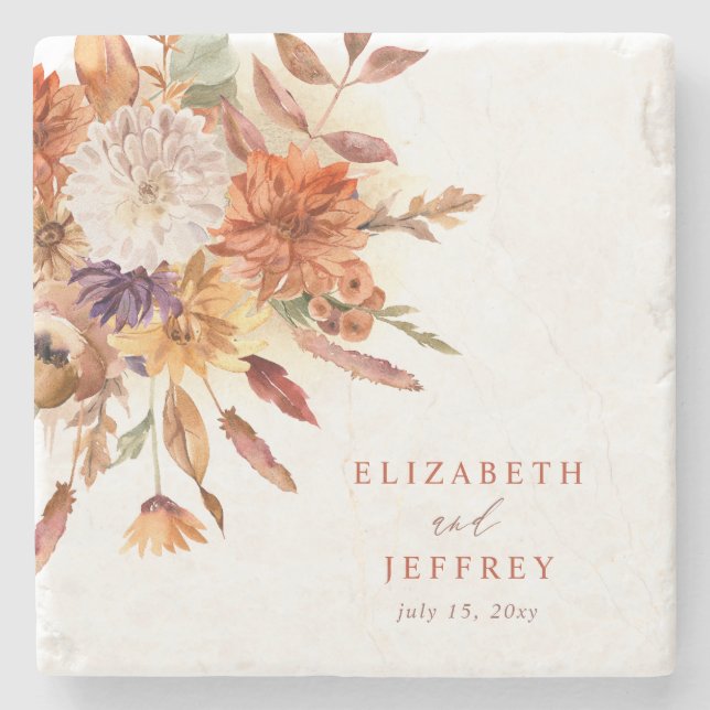 Rustic Botanical Floral Terracotta Fall Wedding Stone Coaster (Front)