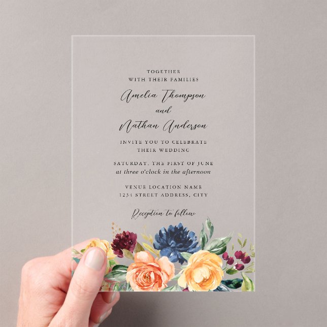 Rustic Botanical Florals Wedding Acrylic Invitations (Insitu (Handheld))