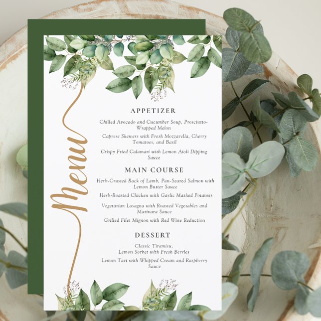 Rustic Botanical Green & Gold Foliage Wedding Menu (Creator Uploaded)