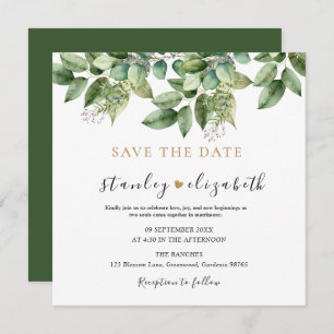 Rustic Botanical Green & Gold Foliage Wedding Save The Date