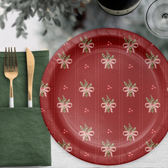 Rustic Botanical Holiday Paper Plate (Rustic Red Botanical Bows Christmas Paper Plates | Holiday Table Décor by Painted Paperie)