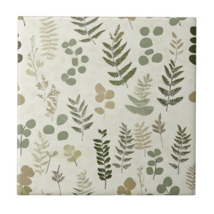 Rustic Botanical Leaf in Earthy Brown and Olive Ceramic Tile