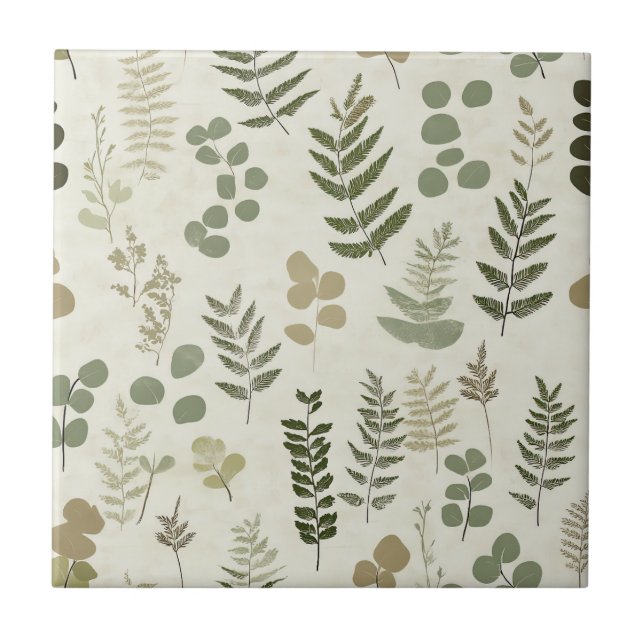 Rustic Botanical Leaf in Earthy Brown and Olive Ceramic Tile (Front)