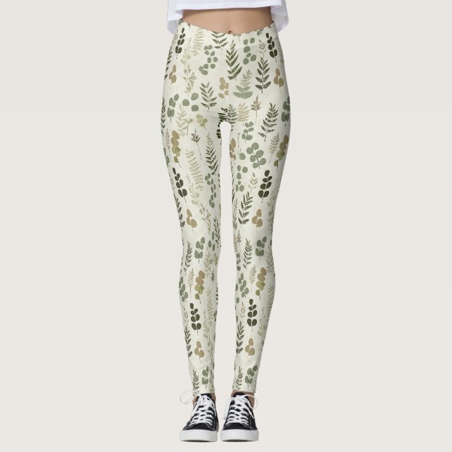 Rustic Botanical Leaf in Earthy Brown and Olive Leggings (Front)