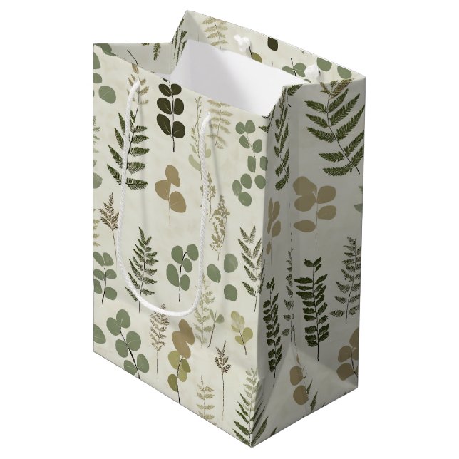 Rustic Botanical Leaf in Earthy Brown and Olive Medium Gift Bag (Front Angled)