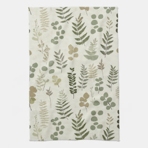 Rustic Botanical Leaf in Earthy Brown and Olive Tea Towel