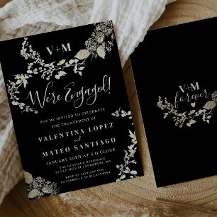Rustic Botanical Monogram Black Engagement Party Invitation