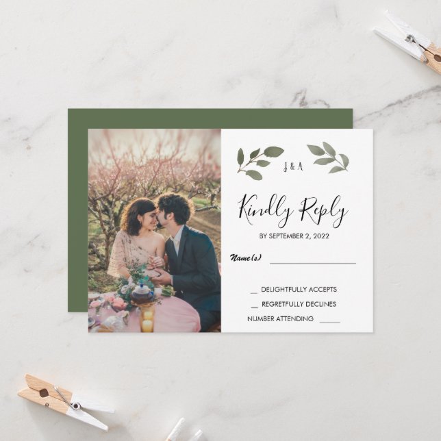 Rustic botanical monogrammed photo Wedding RSVP Invitation (Front/Back In Situ)