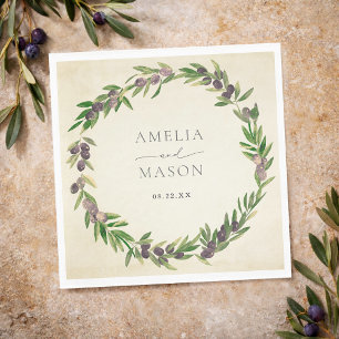Rustic Botanical Olive Wreath Wedding Napkins