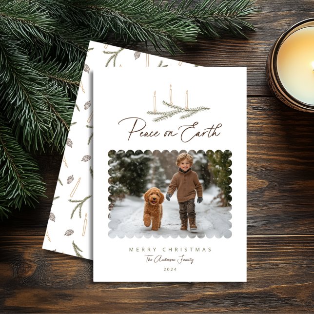 Rustic Botanical Peace on Earth Script Photo Holiday Card (Shown on a 5" x 7" card)