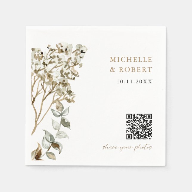 Rustic Botanical QR Code Share your Photos Wedding Napkin (Front)