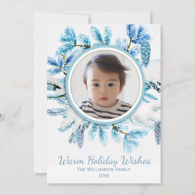 Rustic Botanical Snowy Winter Wreath Holiday Photo (Front)