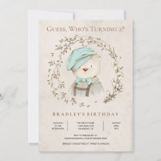 Rustic Botanical Teddy Bear Birthday Invitation
