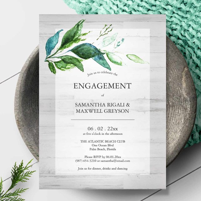 Rustic Botanical Watercolor Engagement Party (Rustic leaves watercolor engagement party invitations)