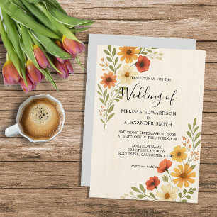 Rustic botanical watercolor flowers boho wedding invitation
