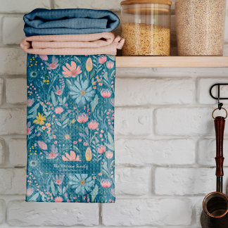 Rustic botanical watercolor flowers family name tea towel