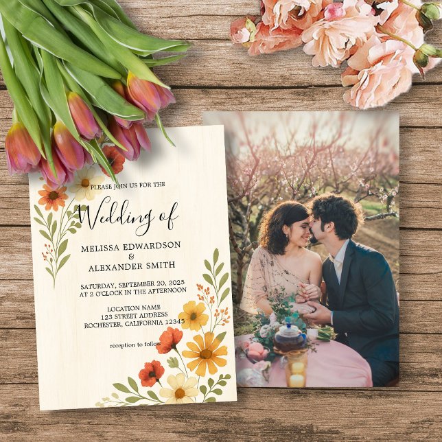 Rustic botanical watercolor flowers photo wedding invitation (Rustic botanical watercolor flowers photo boho wedding invitation.)
