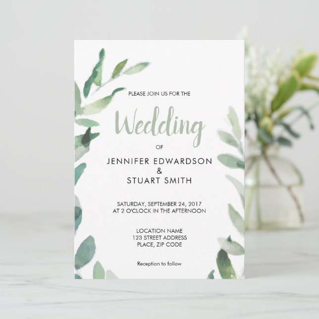 Rustic botanical watercolor olive branch Wedding Invitation (Standing Front)