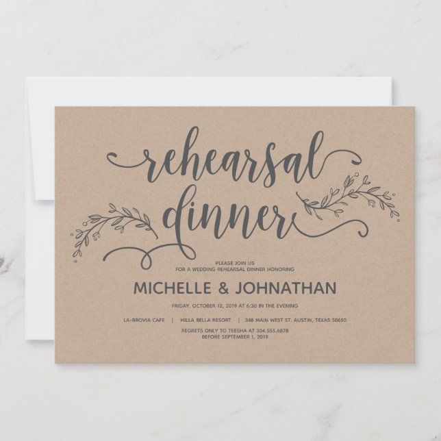 Rustic Botanical wedding rehearsal dinner invites (Front)