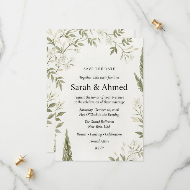 Rustic Botanical Wedding Save the Date Card  (Front/Back In Situ)