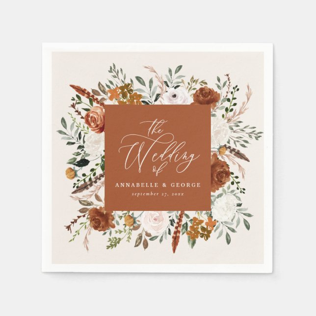 Rustic botanical wedding script terracotta elegant napkin (Front)