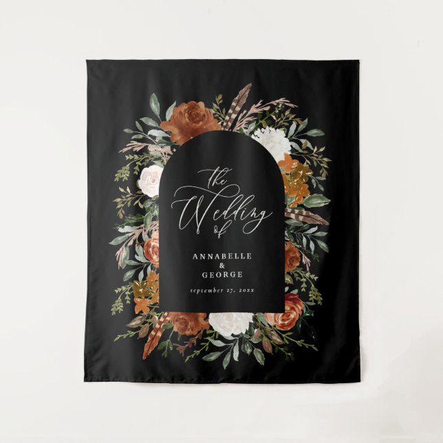 Rustic botanical wedding welcome script terracotta tapestry (Front)