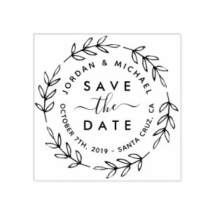 Rustic Botanical Wreath & Script Save The Date Rubber Stamp