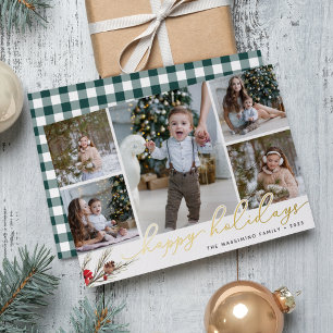 Rustic Bough Happy Holidays Photo Collage Foil Holiday Card