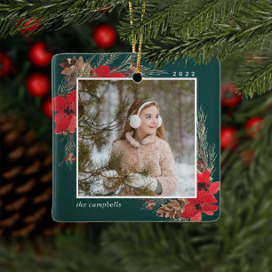 Rustic Bough Holiday Photo Ceramic Ornament