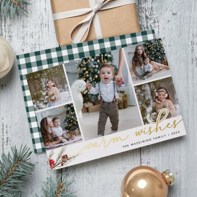 Rustic Bough | Warm Wishes Photo Collage Foil Holiday Card (Creator Uploaded)