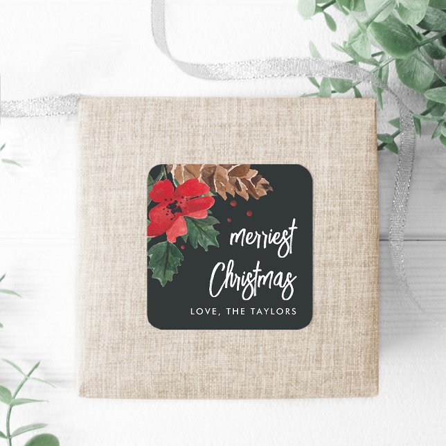 Rustic Bough | Watercolor Christmas Personalised Square Sticker (Creator Uploaded)