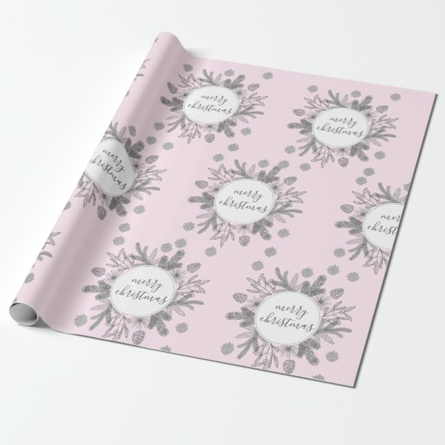 Rustic Boughs Holiday Pink Wrapping Paper (Unrolled)