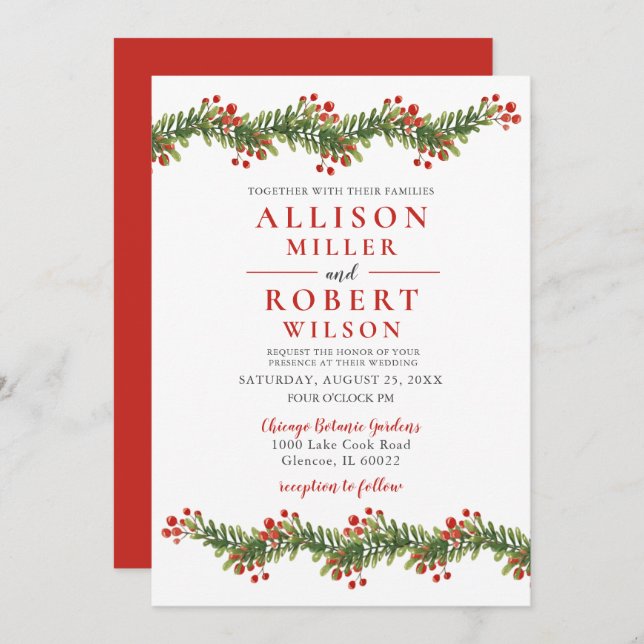 Rustic Boughs of Holly Winter Christmas Wedding Invitation (Front/Back)