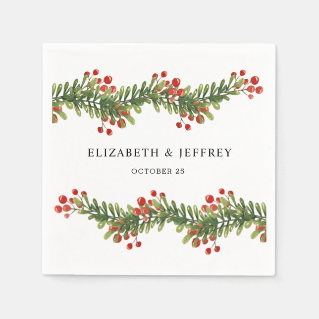 Rustic Boughs of Holly Winter Christmas Wedding Napkin (Front)