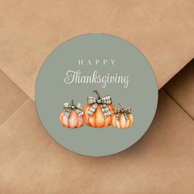 Rustic Bow Pumpkins Happy Thanksgiving Classic Round Sticker (Rustic Bow Pumpkins Happy Thanksgiving Classic Round Sticker)