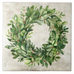 Rustic Boxwood Berries Neutral Vintage Watercolors Ceramic Tile<br><div class="desc">Watercolor boxwood wreath with berries graphic on a neutral colour vintage rustic background.  Perfect for a farmhouse and country home decor ceramic tile.  100% customer satisfaction with "Zazzle" every day.</div>