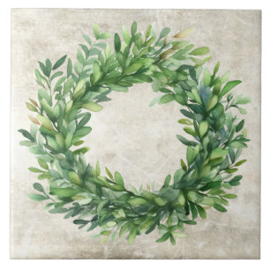 Rustic Boxwood Neutral Vintage Watercolors Ceramic Tile